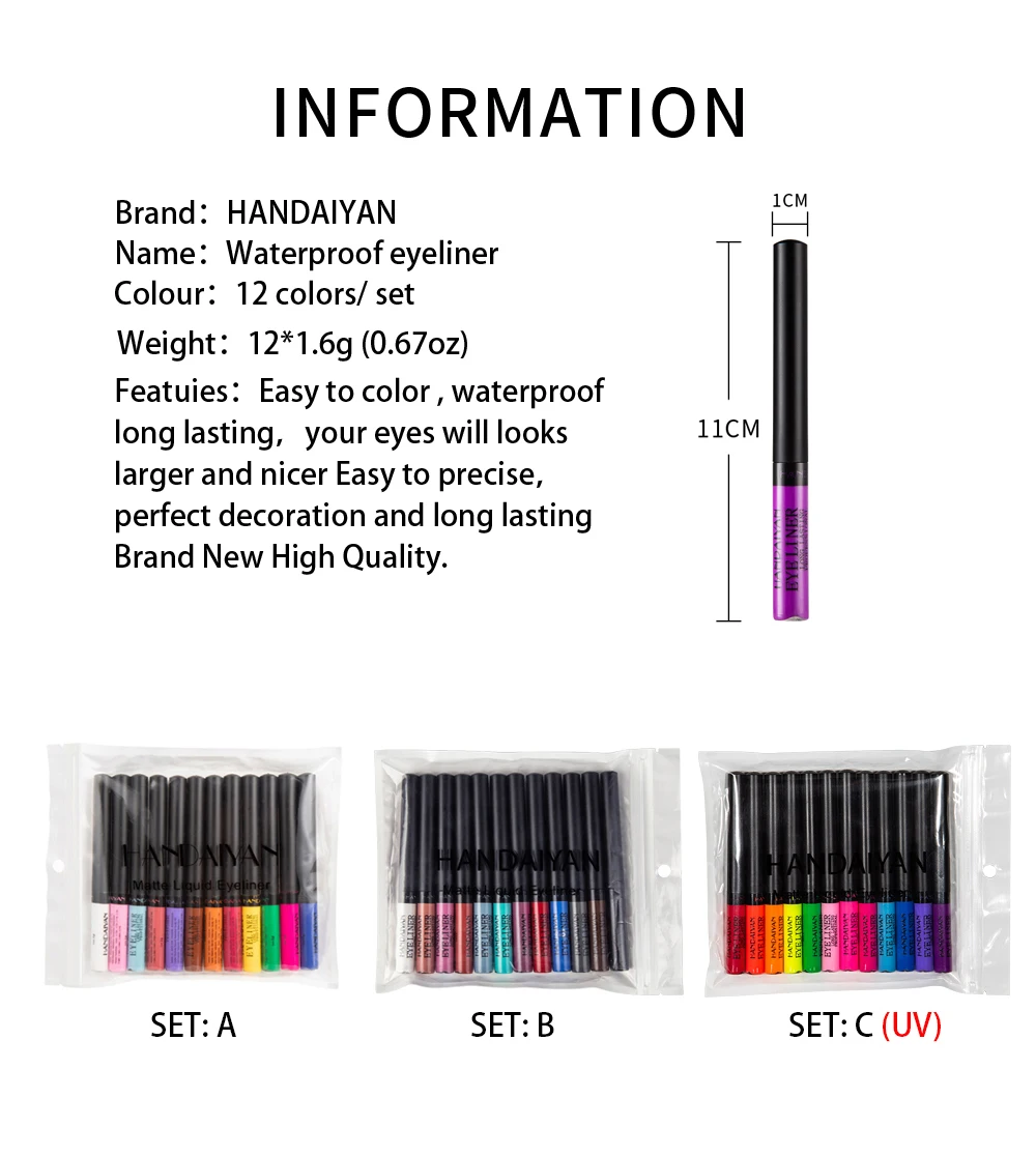 HANDAIYAN 12pcs Colored Eyeliner Set Matte,Waterproof and long-lasting without fading, UV Fluorescent Eyeliner Pens