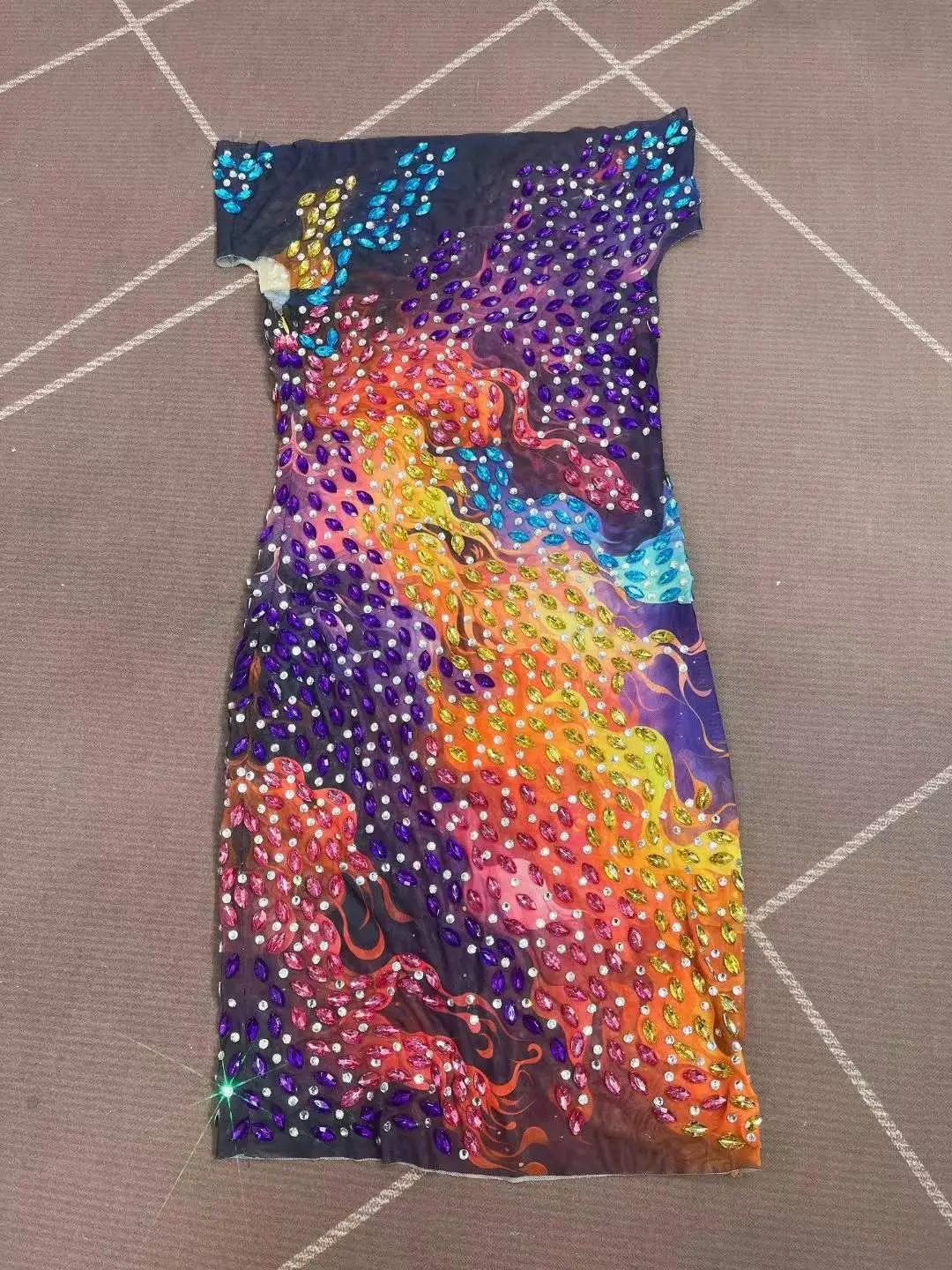 Sexy Elegance Off-Shoulder Flashing Rhinestones Trim Fit Mesh Dress Evening Birthday Exquisite Gown Fashion Show Stage Wear view 3