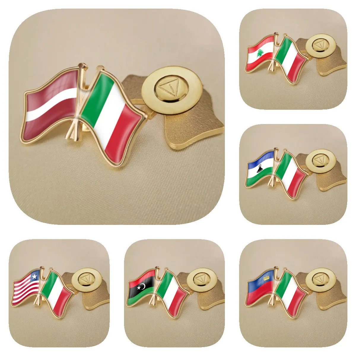 Italy and Latvia Lebanon Lesotho Liberia Libya Liechtenstein Double Crossed Friendship Flags Brooches Lapel Pins Bradges