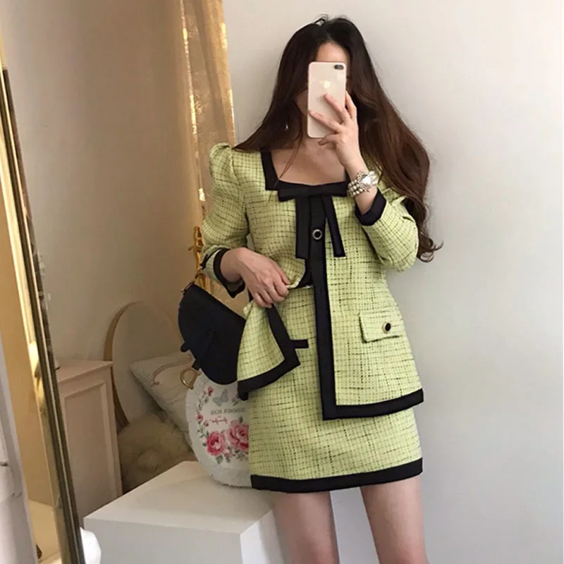 2024 Autumn Women's Fashion Small Fragrance Style Spliced Checkered Long Sleeved Short Skirt Youth Versatile Two Piece Set