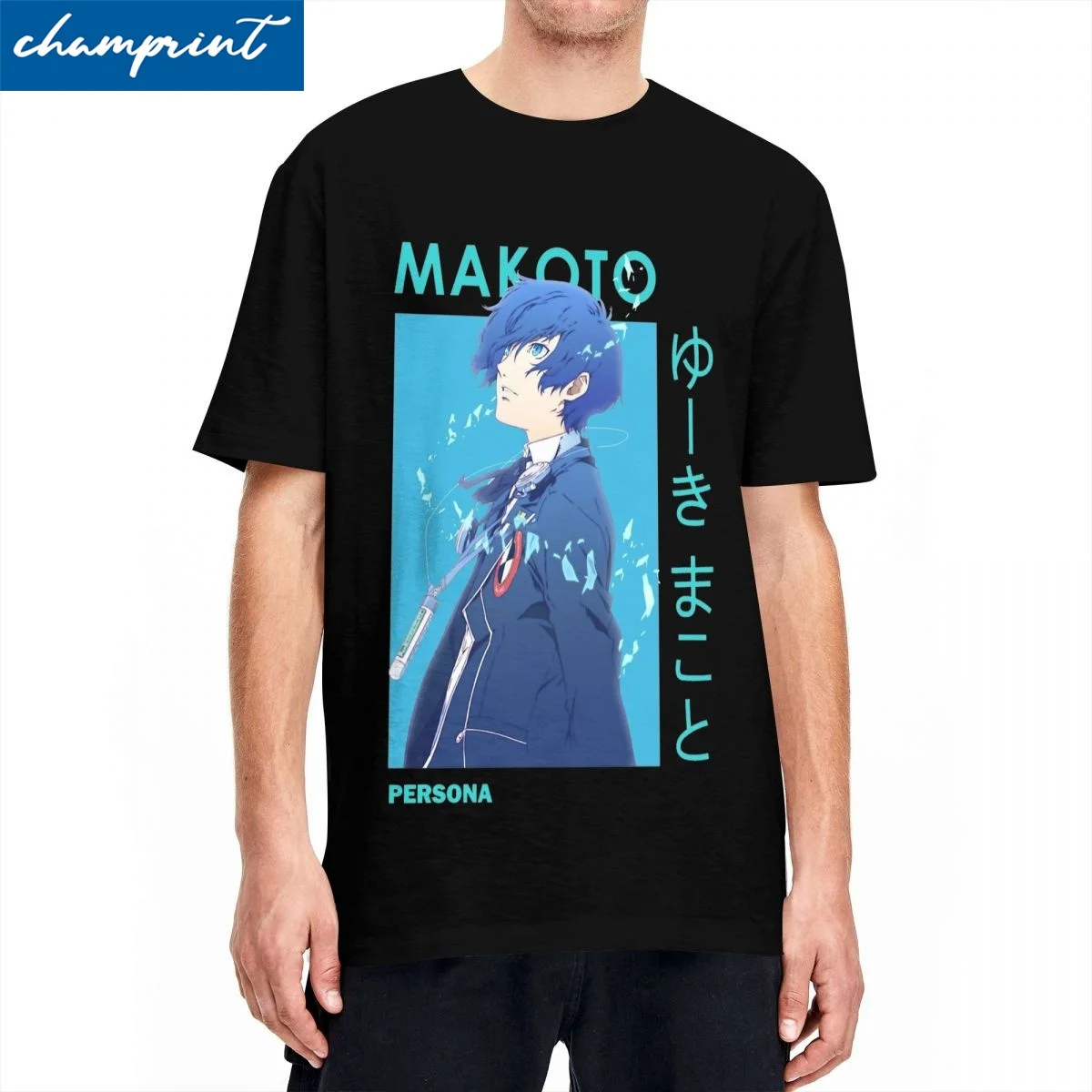 Vintage Anime Persona 3 Tshirts Men's Cotton Short Sleeve Makoto Yuki Minato Blue Haired Round Neck Summer Clothing