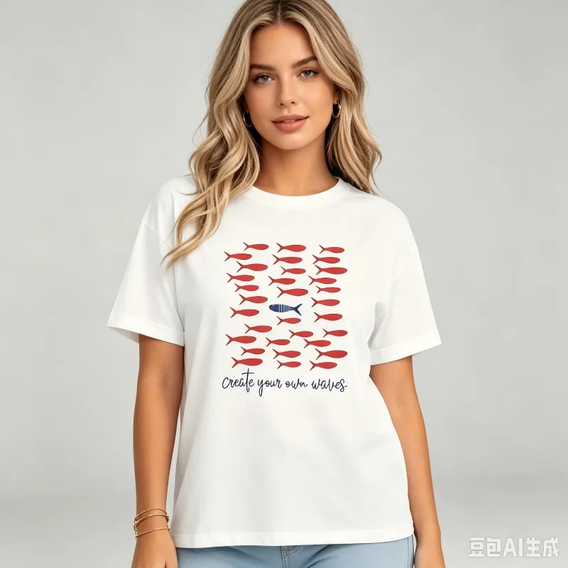 Create Your Own Waves Fish Print Women Modal T‑Shirt Ocean Inspirational Graphic Tee Daily Outdoor Holiday Streetwear