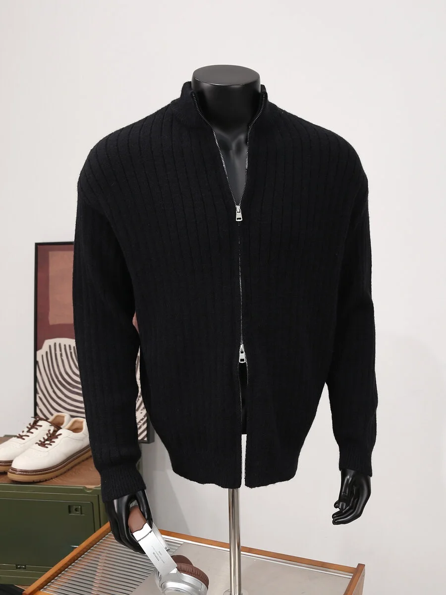 

American Sle Heavyweight Zipper Casual Knitted Sweater Coat Men's Autumn Winter Lazy Stripe Leisure Knitted Open Cardigan