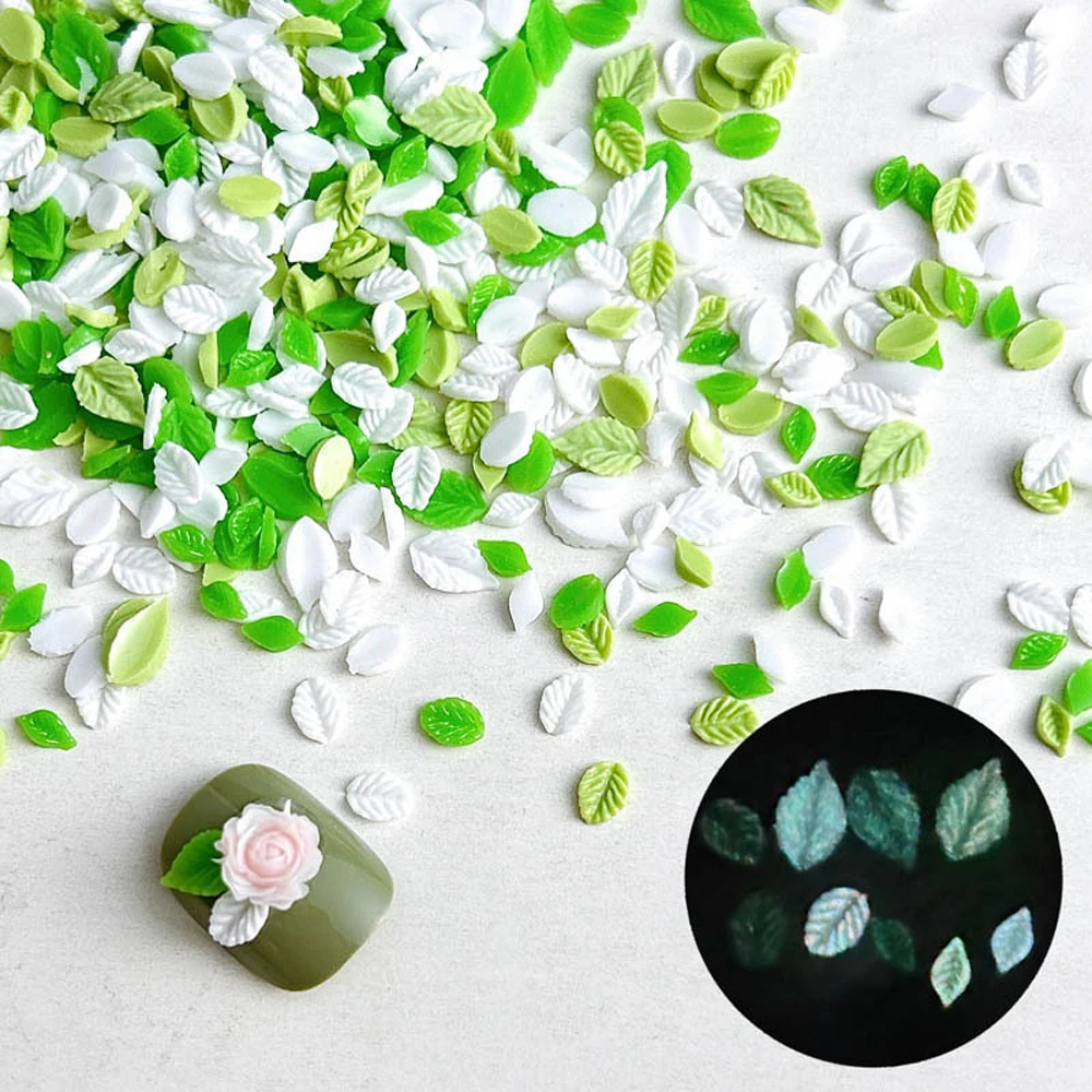 50Pcs Simulation Leaf Nail Art Charm 3D Fresh Natural Luminous Green White Leaf Nail Ornament DIY Exquisite Nail Accessories