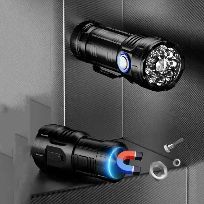 8*LED 5000LM Powerful Magnet Mini Flashlight Super Bright Aluminium Pocket Torch Type-C Rechargeable Light for Outdoor Camping