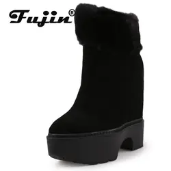 Fujin 13cm 15cm Cow Suede Genuine Leather Women Boots Mid Calf Knee High Platform Boots Wedge Hidden Heels Plush Winter Shoes