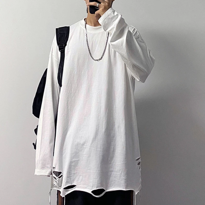 EBAIHUI Bottom Shirt Perforated Design Men T-shirt White Long Sleeved Inner Hoodie for Male Tee Solid Color Round Neck Loose Top