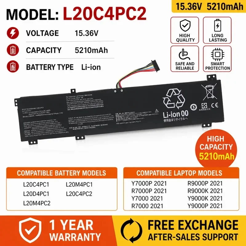 High Capacity 15.36V 5210mAh Li-ion Battery For Lenovo R9000P Y7000P Legion5 Pro 2021 L20C4PC1