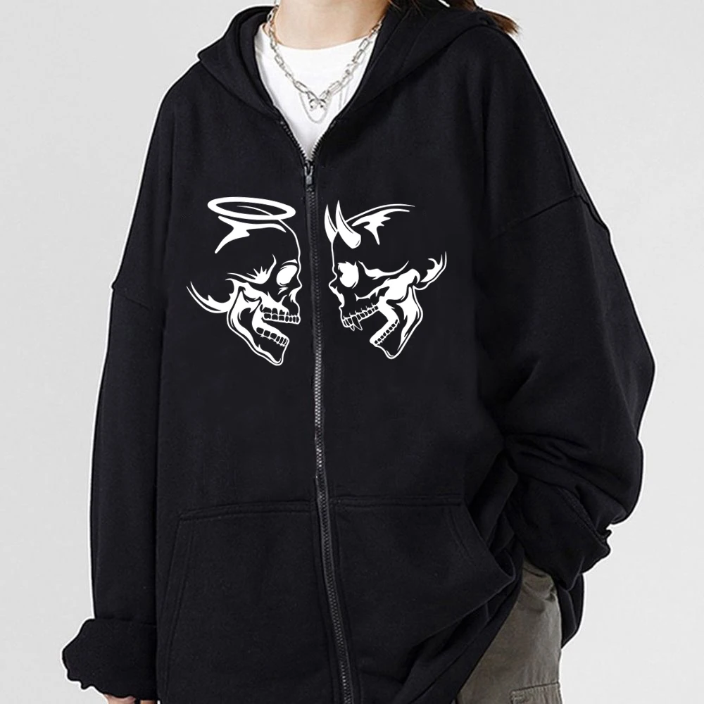 Angels VS Demons Print Y2K Zipper Sweatshirt Streetwear Vintage Casual Unisex Zip-up Hoodie Harajuku Gothic Graphic Zip Hoody