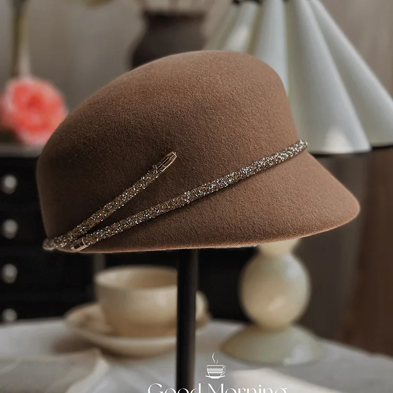 

Premium Australian Wool Felt Derby Hat Rhinestone Trim Elegant Ladies Classic Fall Winter Cap