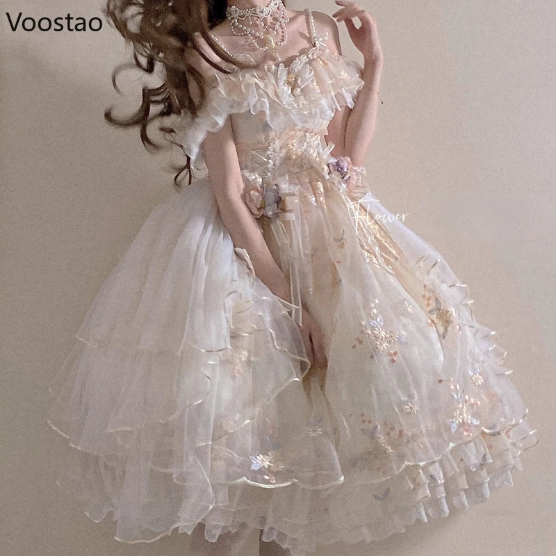 Vestido Retro victoriano Lolita Jsk para mujer, Vestidos de novia de princesa con bordado de encaje Floral dulce, Vestidos de fiesta para niñas