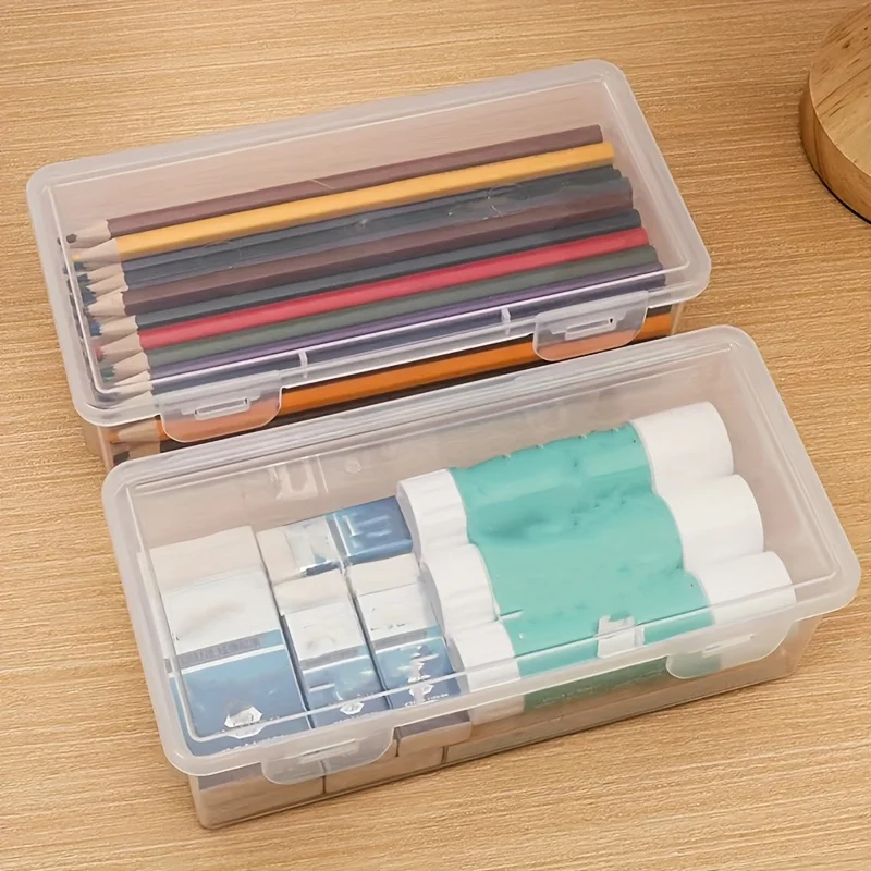 4 قطع صندوق تخزين شفاف، صندوق تخزين كبير السعة، صندوق تخزين اللوازم المكتبية، صندوق تخزين أقلام التعبئة والتغليف