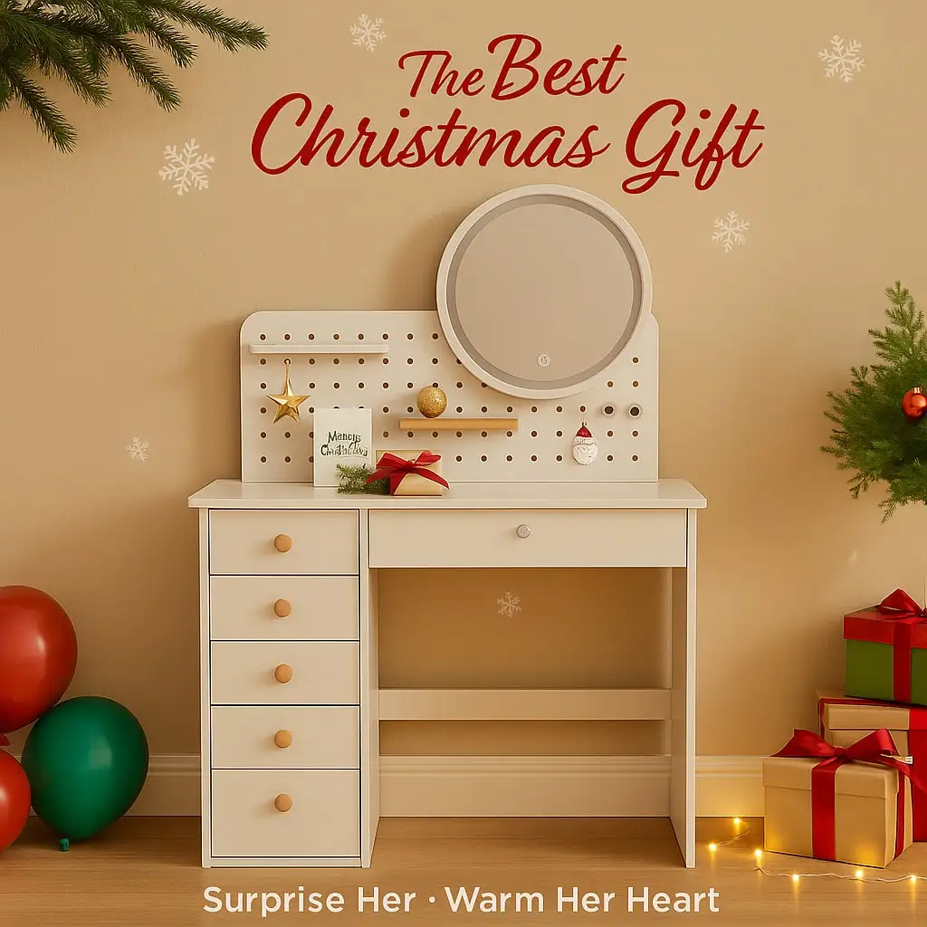 Christmas Gift for Girls – White DIY Pegboard Dresser with Round Mirror, 6 Drawers and Adjustable Shelves