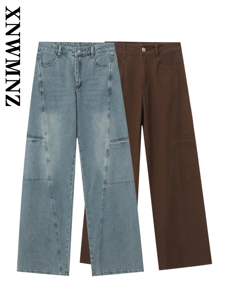 

XNWMNZ 2025 Spring New Lady Simple Casual Button Splicing Denim Bottoms Fashion Woman's Long Pants Commuting High Waist