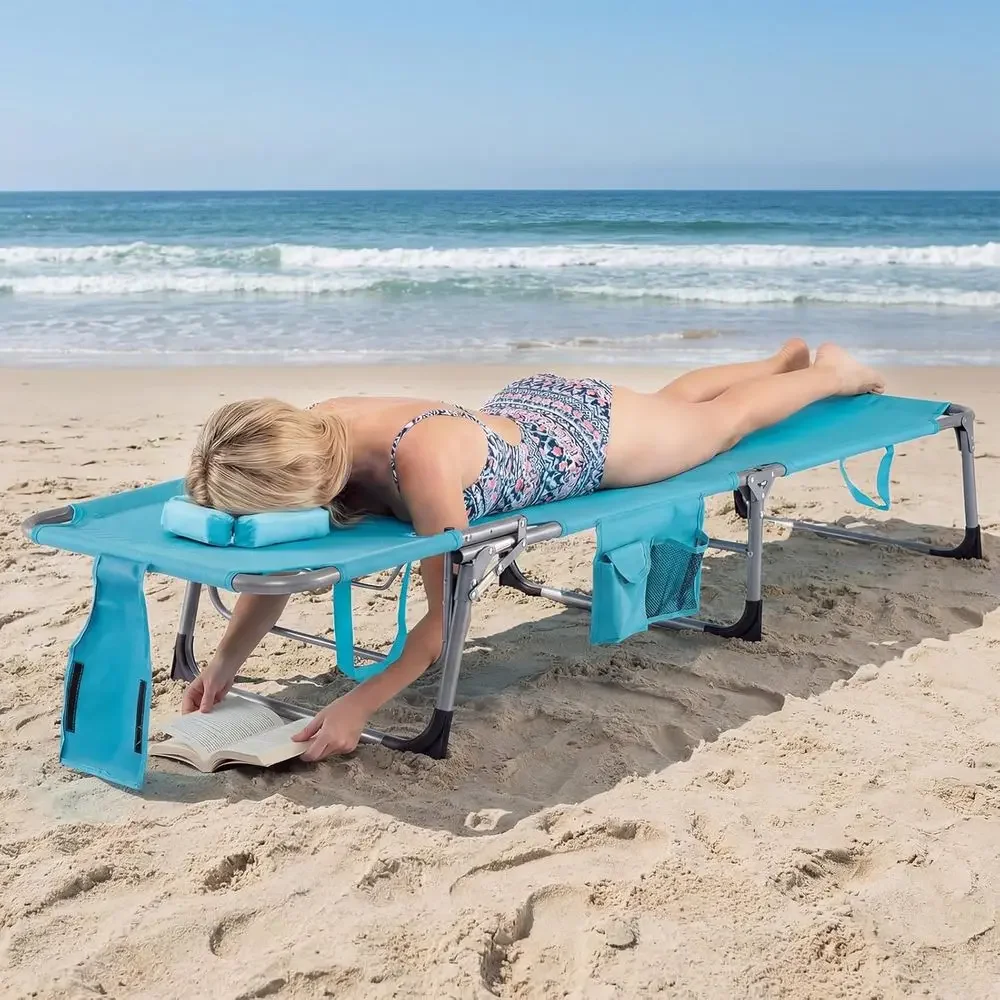 Portable 4-Position Adjustable Beach Lounge Chair with Pillow and Side Pocket, Turquoise