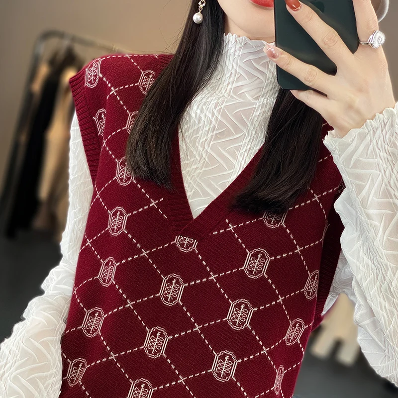 2023 Spring and Autumn New vintage Style 100% Pure Wool Pullover V-neck Sweater Vest Women's Sleeveless Knitting Versatile Vest