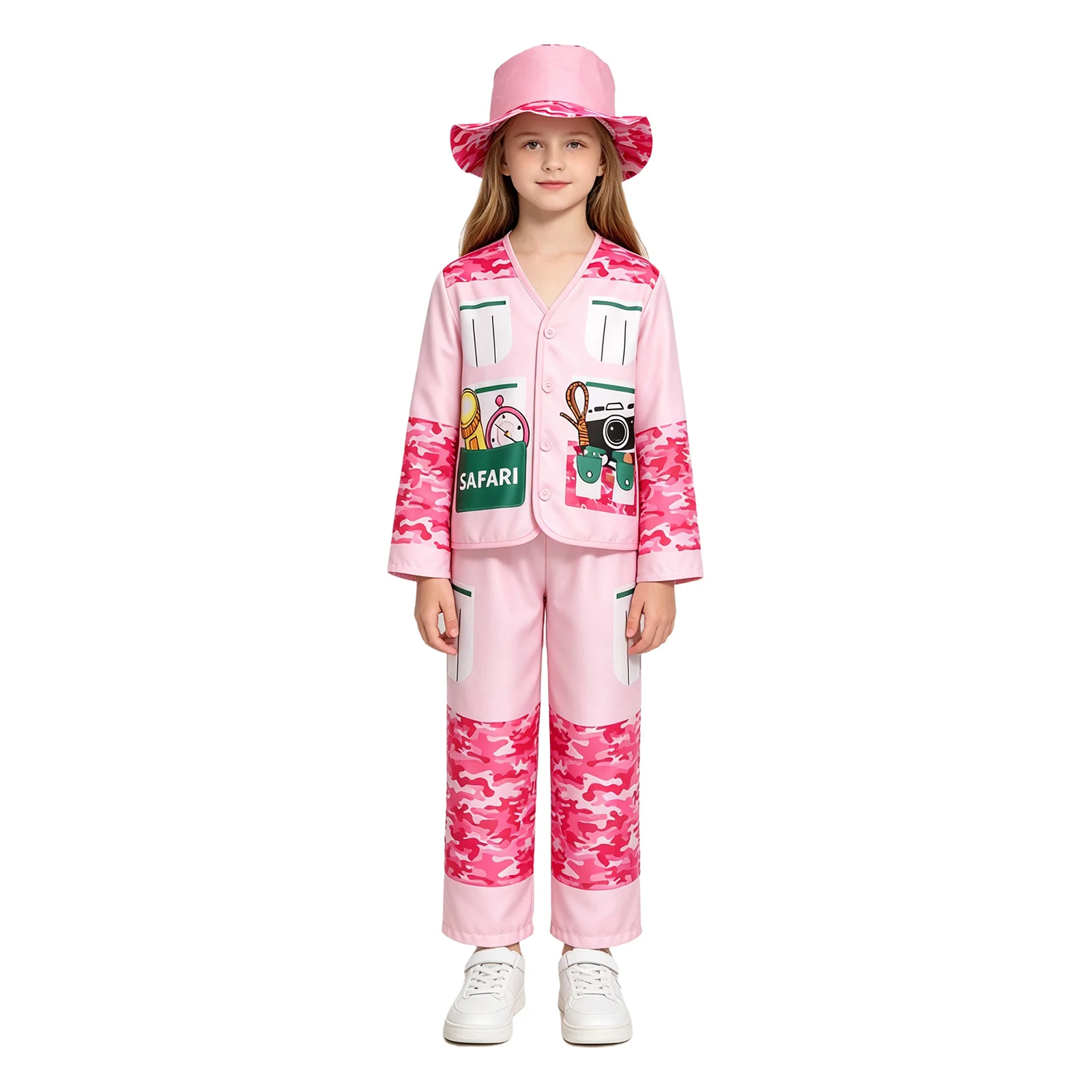 Kids Jungle Explorer Costume Zookeeper Suit Camouflage Printed Button Jacket Top with Pants Hat for Halloween Cosplay Dress Up