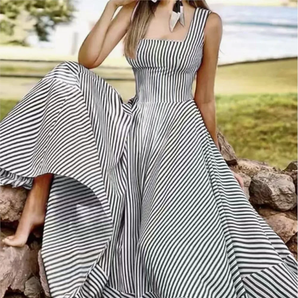 

Spring Summer Casual Dress Loose Fashionable Contrasting Stripes Sleeveless Square Neck Straps Waist And Backless Long Dresses