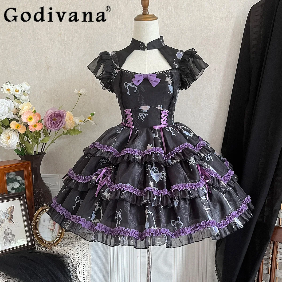 

Original Black Purple Lolita Dress Women's Sweet Cute Slim-Fit Bow Ball Gown Dress Female Flying Sleeve Short Dress Jsk Summer