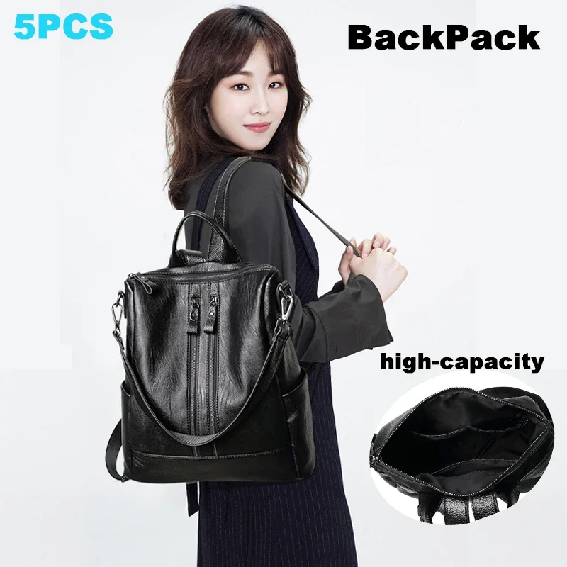 Women Soft Backpack School Leather Black Casual Multifunctional College Bag Large Capacity Shoulder Bags Travel Tote Backpack