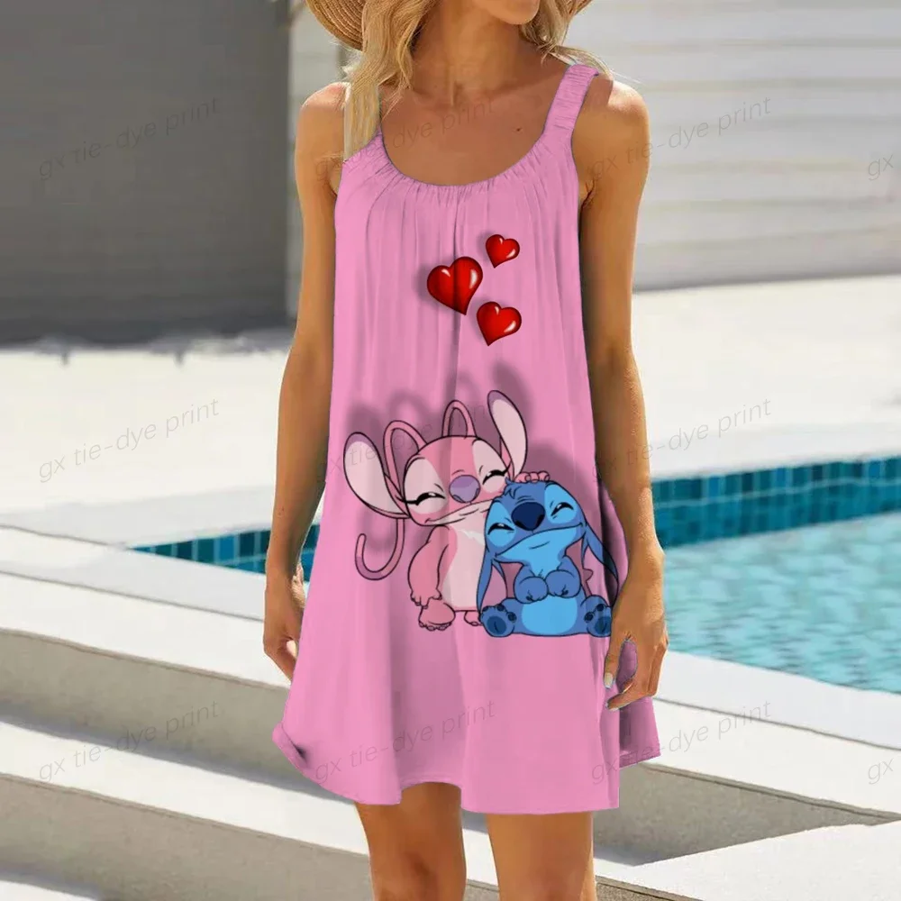 2023 Summer Women Disney Stitch Sleepwear Nighty Nightdress Robe Vest Suspender Skirt Nightgown Female Night Home Cloth Dress