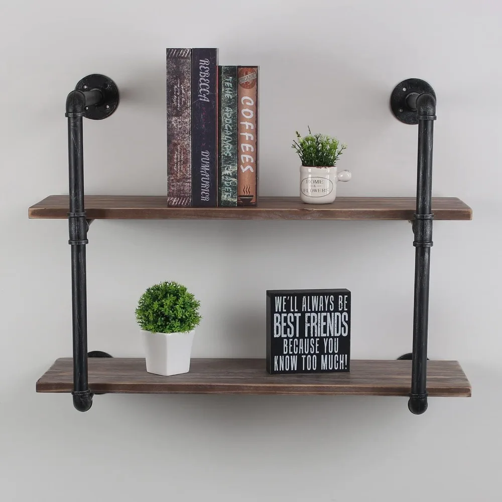 Industrial Pipe Shelving Wall Mounted,30in Rustic Metal Floating Shelves,Steampunk Real Wood Book Shelves,Wall Shelf Unit Booksh