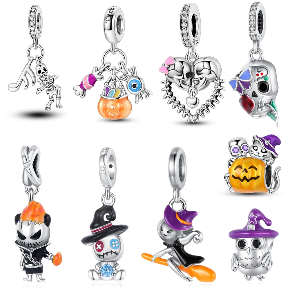 Funny 925 Silver Plated Pumpkin Witch Halloween Series Dangle Charm Fit Original Bracelet DIY Niche Jewelry Gifts For Friends