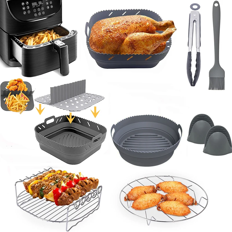 Air Fryer Silicone Basket Tray Set Square/Round Airfryer Grill Skewer Rack Accessories Foldable Bpa Free AirFryer Mold Liner