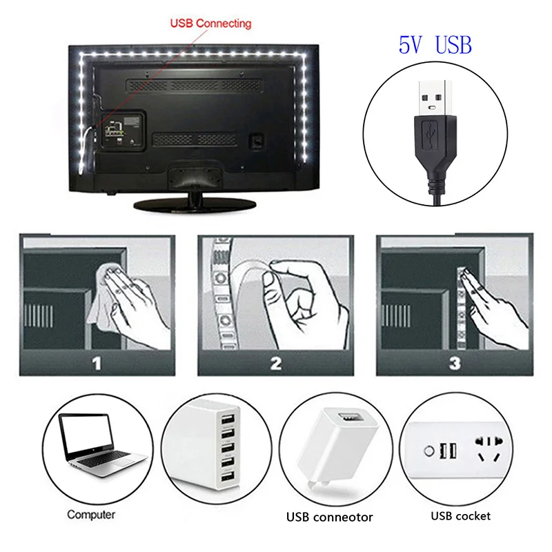 5M /16.4ft 2835 LED  Lamp USB Flexible Lights TV Desktop Screen Backlight Diode 5V DC Warm White Light Shearable