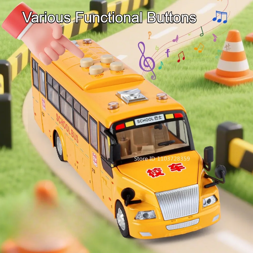 1:24 escala ônibus escolar modelo de carro de brinquedo liga diecast som luz puxar para trás porta aberta veículos de simulação para crianças presentes de aniversário