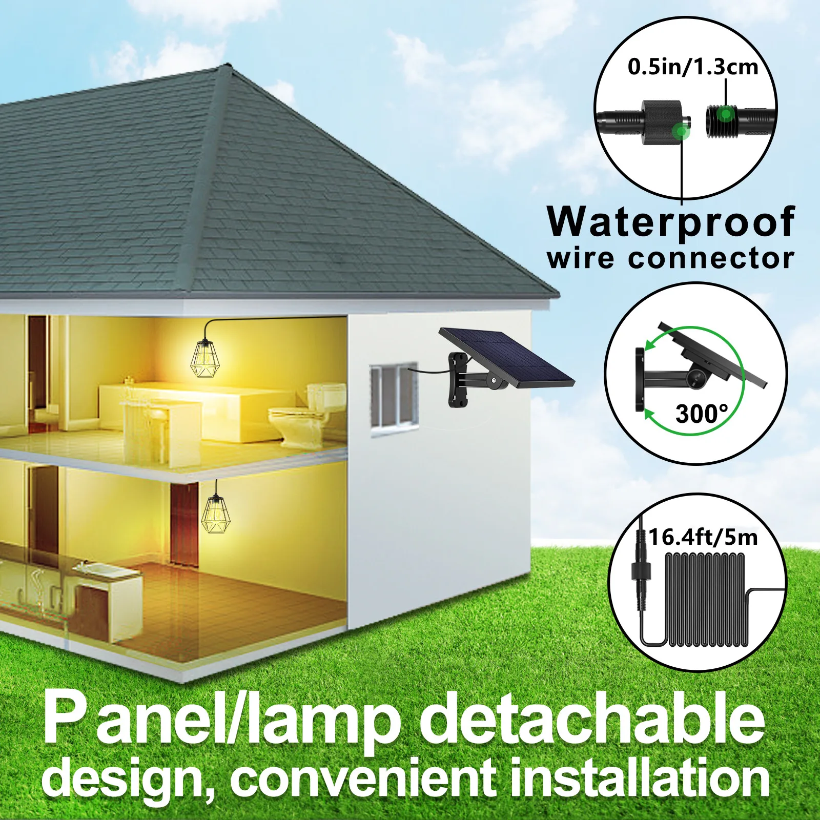 Luzes solares ao ar livre diamante luz pendente com 5m cabo destacável painel solar luzes led ao ar livre para jardim quintal lâmpada solar