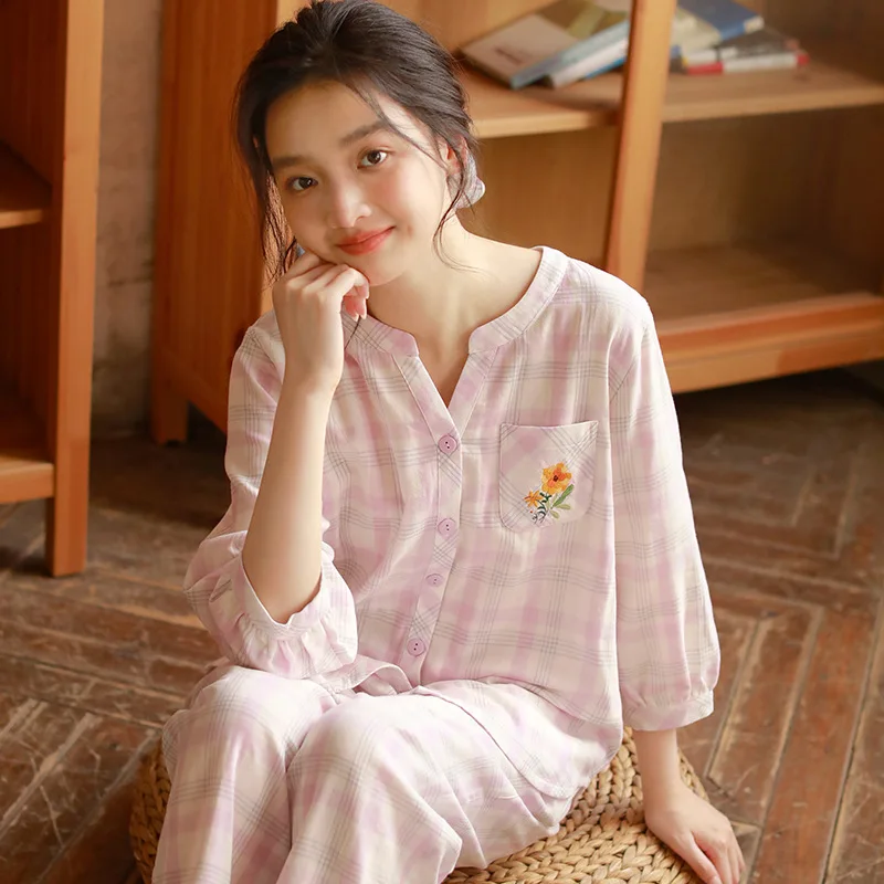 

Sweet Soft 100% Cotton Plaid Printed Pajama Sets For Women Sleepwear Summer Autumn Female Nightwear Home Pyjamas