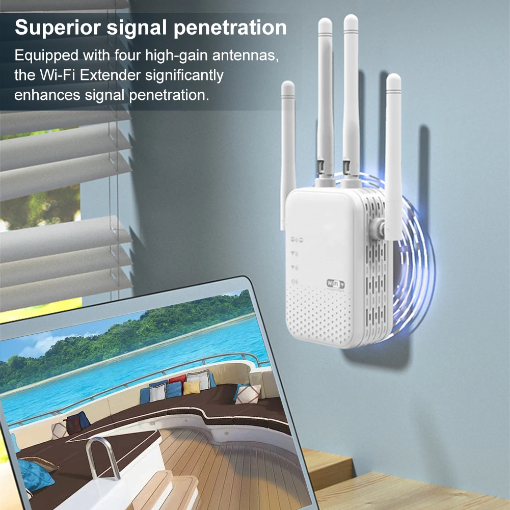 معزز إشارة WiFi بسرعة 1200 ميجابت في الثانية و4 هوائيات خارجية 5 جيجا هرتز و2.4 جيجا هرتز موسع إنترنت ثنائي النطاق للمنزل
