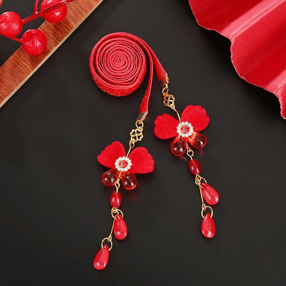 

Tassel Satin Red Long Headband Bell Butterfly Girls Ribbon Head Rope Plush Ball Ancient Hairband Chinese Long Hairband Spring