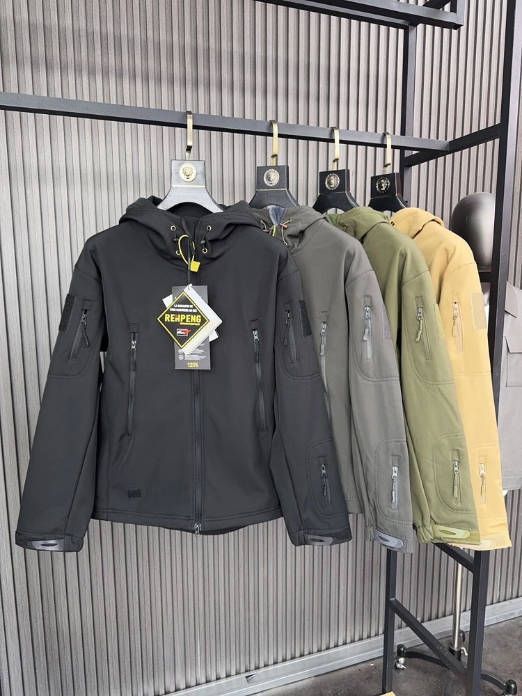 

Men's Outdoor Fce Lined Soft ell Jaet Autumn Winter Warmth Functional Workwear Coat Trendy Hooded Utili Ci Sle