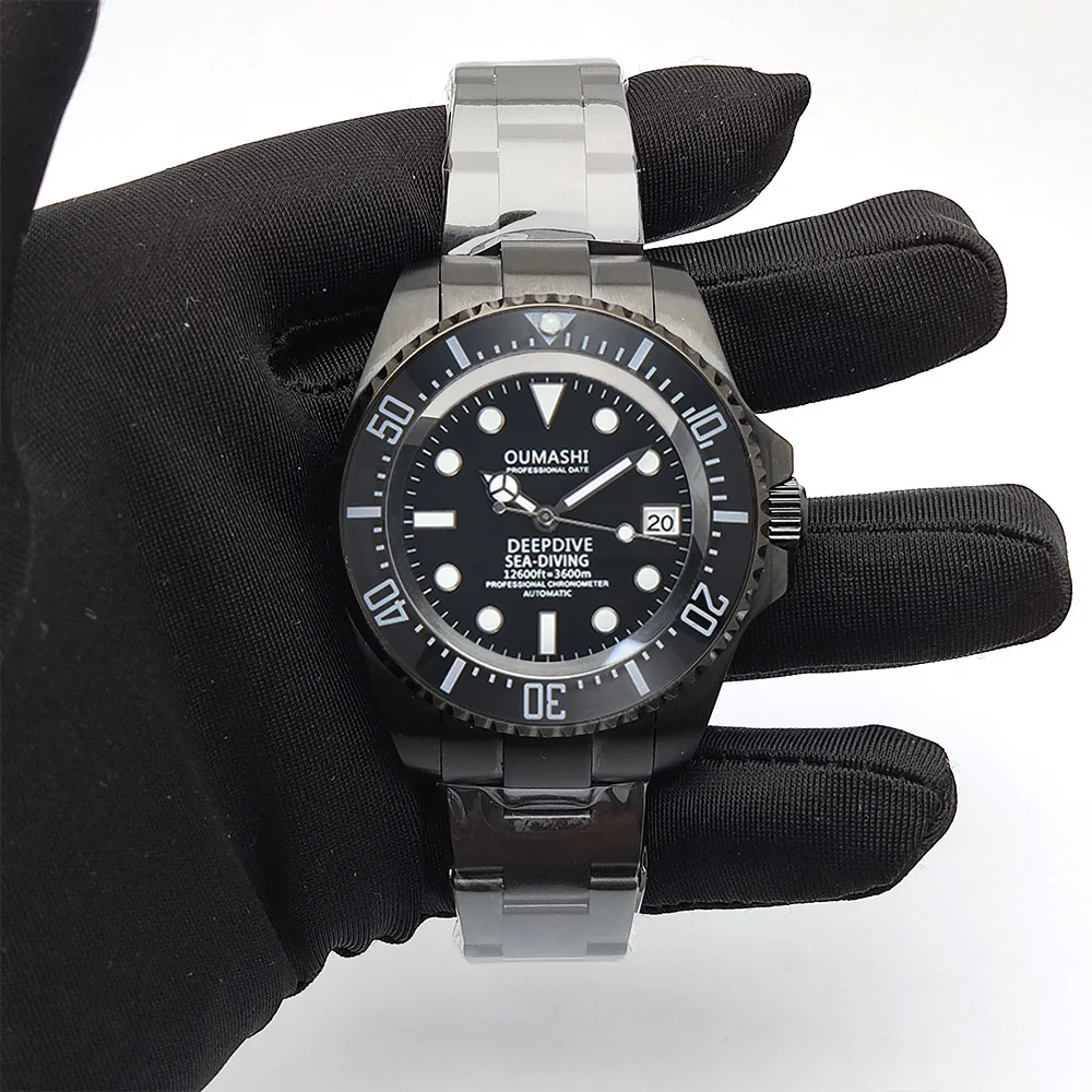 44mm NH35 시계 블랙 스테인리스 스틸 손목시계 사파이어 글라스 방수 남성용 시계 NH35 무브먼트 오토매틱 시계 DIY 로고