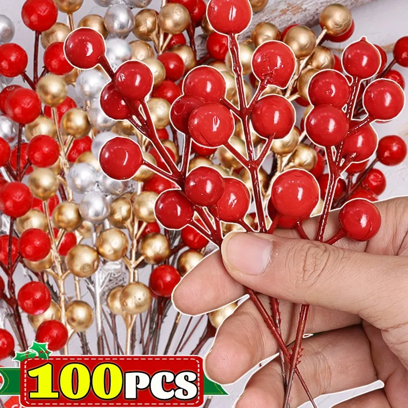 5/100 pçs natal vermelho bagas ramo artificial 7 cabeças holly berry hastes diy artesanato grinalda festa de ano novo decoração da árvore de natal