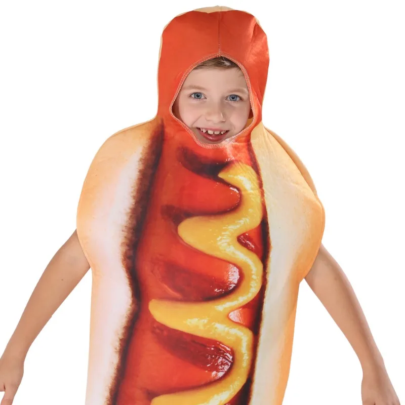 Kostiumy Hot Dog dla dorosłych dzieci Zabawny nadruk 3D Halloween Jedzenie Kiełbasa Mężczyźni Kobiety Chłopcy Unisex Jednoczęściowy kostium Karnawałowy kombinezon