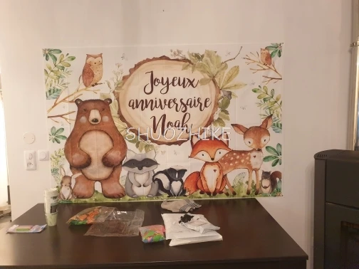 ไม้วันเกิดพื้นหลังสําหรับภาพสีน้ํา Fox ยีราฟ Safari Baby Shower ที่กําหนดเองแบนเนอร์โปสเตอร์ Party ฉากหลัง