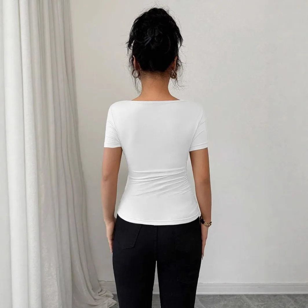 Pleated Short Sleeve Top Fitted Streetwear with Fitted Silhouette Crew Neck Regular Length Elegant Pleated T Shirt for Women