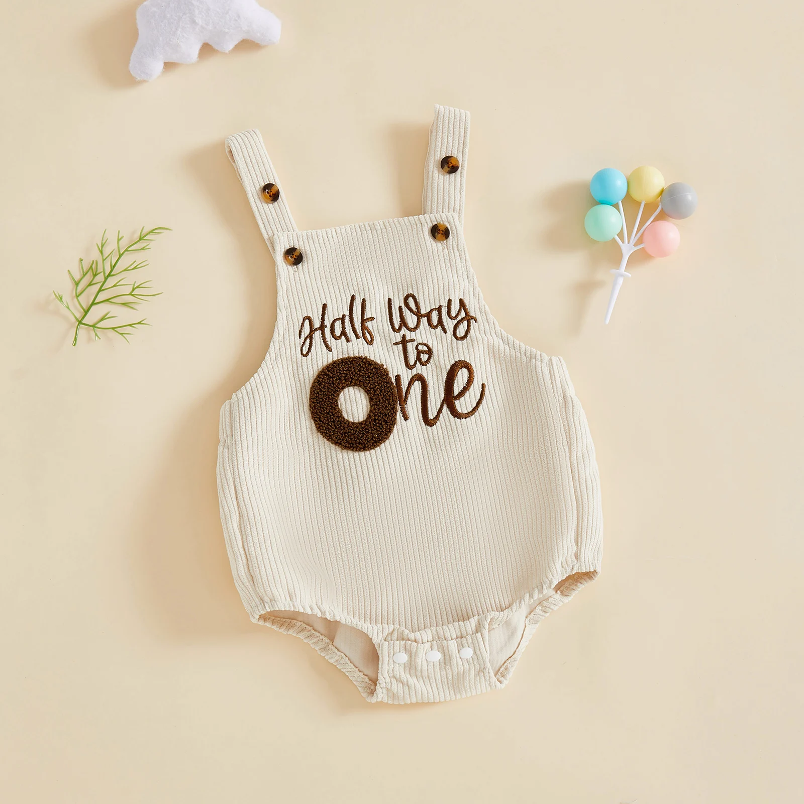 

Baby Boy 1/2 Birthday Outfit Sleeveless Corduroy Overalls Half Way to One Cake Smash Romper for Half Birthday Party