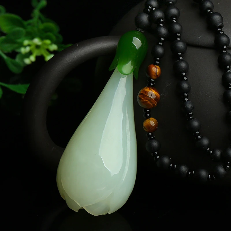 Hotan White Jade Men and Women, Magnolia Flower Pendant Sweater Chain