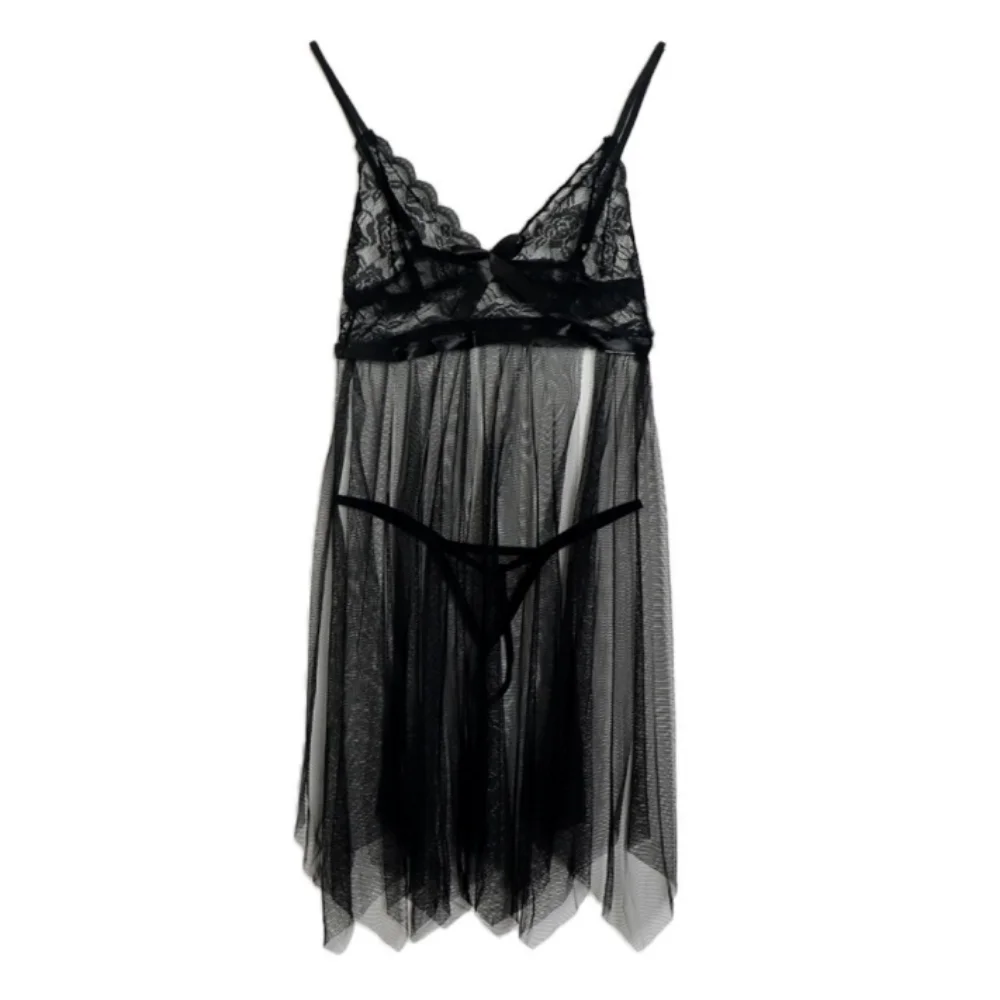 

Pajamas Bowknot Lace Mesh Nightgown Transparent Deep V Neck Sweet Lace Nightdress Thin T-back Thong Women Lingerie Indoor