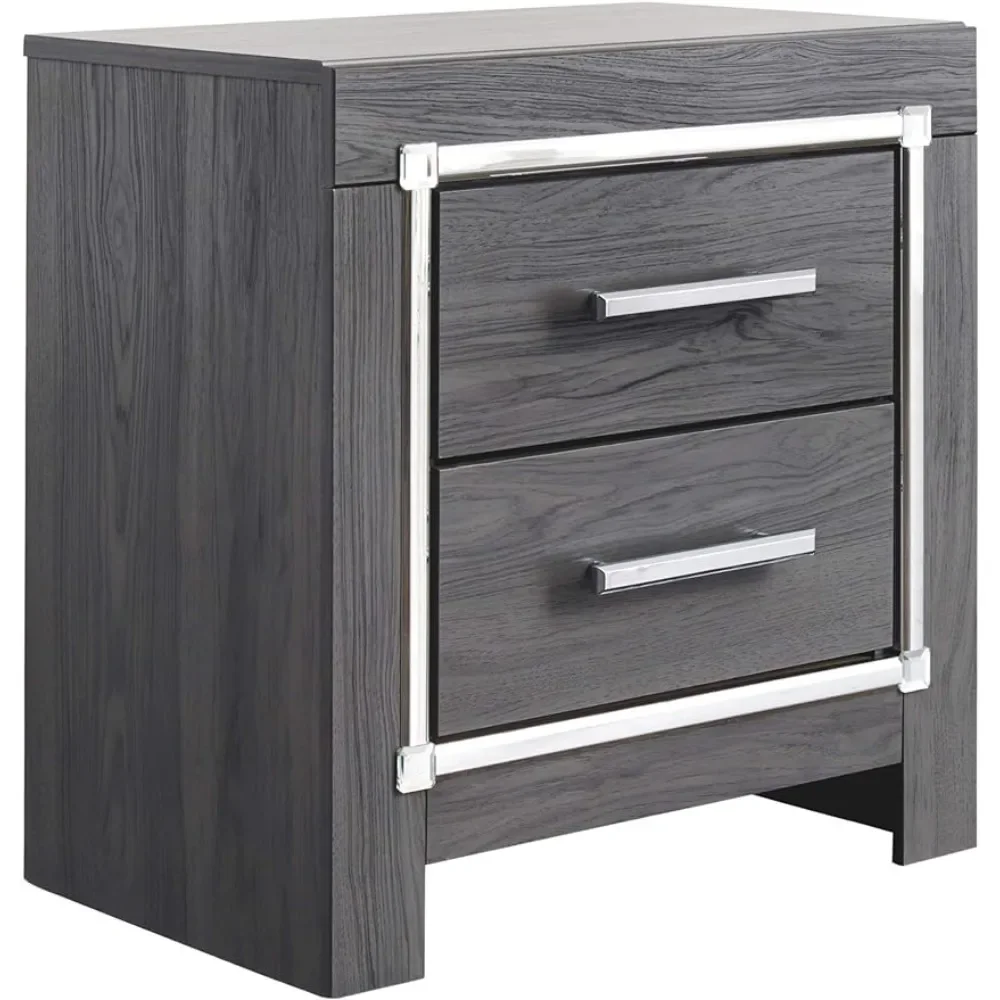 Signature Design by Ashley Lodanna Modern Glam 2 Drawer Nightstand with USB & Wireless Charging Options, Gray Wood Grain,Grey