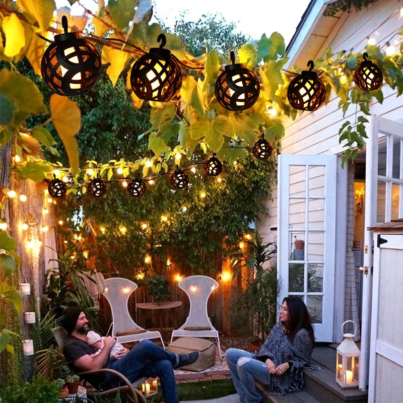 Luzes de natal com painel solar, à prova d'água, chama cintilante, suspensa, lâmpada solar de jardim para pátio, quintal, decoração de halloween