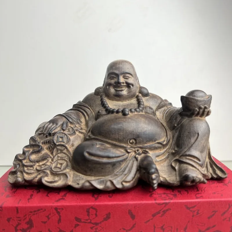 

Hand-Carved Agarwood Maitreya Buddha Statue - 6.2"/5" Laughing Buddha Figurine with Ingot, Home Decor, Feng Shui Ornament