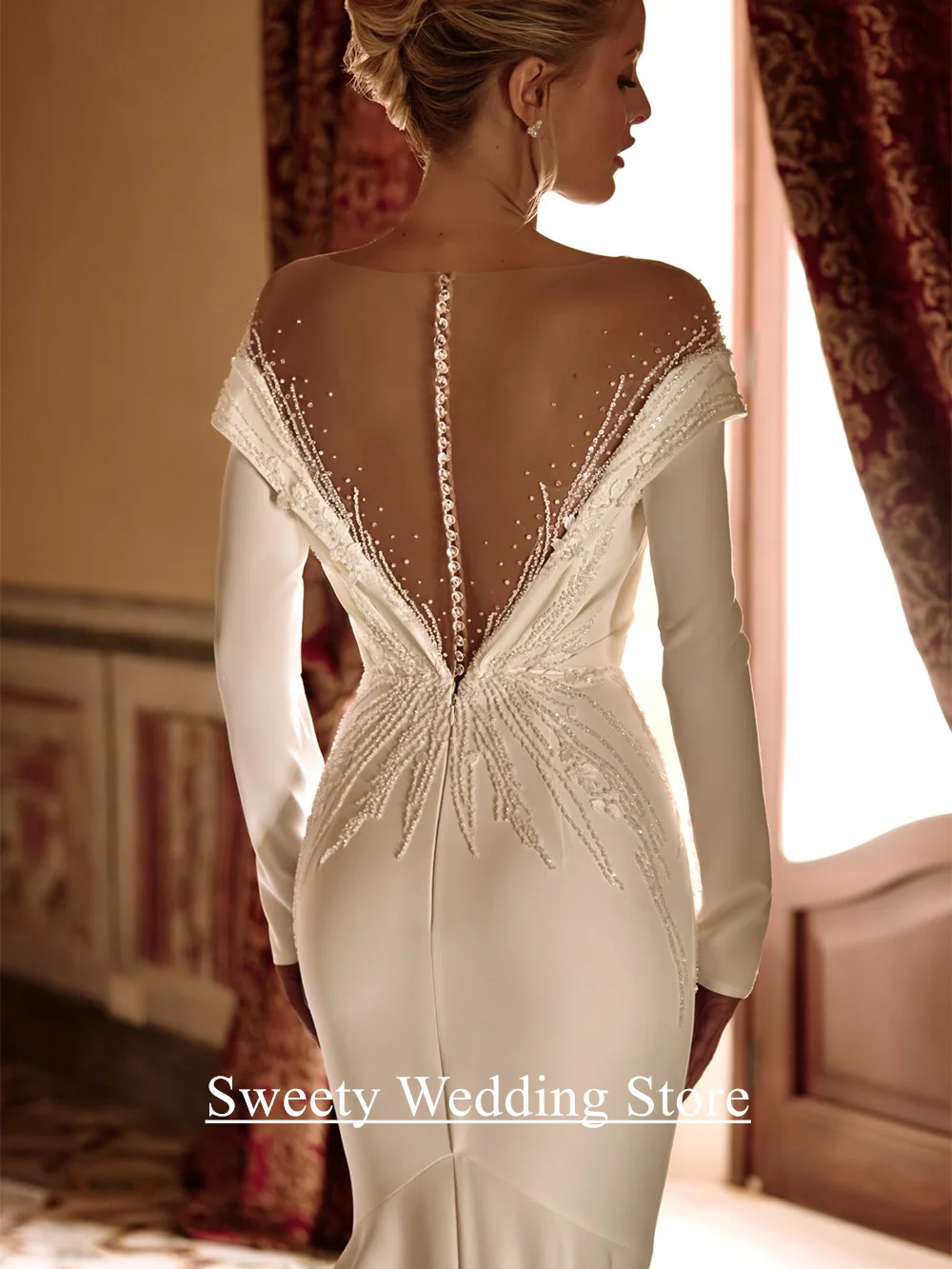 웨딩 드레스 인어 맞춤형 V 넥 긴 소매 구슬 장식 스팽글 스윕 트레인 환상 뒤로 버튼 신부 가운