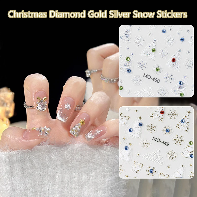 5D relieve blanco borde dorado brillante árbol de Navidad copo de nieve bola de cristal adhesivo pegatinas para decoración de uñas calcomanías manicura encantos de Navidad