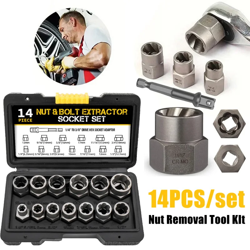 14 PCS Impact Bolts Nuts Damaged Screws Remover Chrome-Molybdenum Steel Reverse Spiral Flutes Bolt Extractor with Storage Box