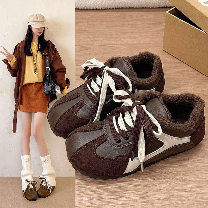 2026 Autumn Winter New Women Retro Color Blocked Trainer Shoes Thick Sole Fleece Lined Warm Lace Up Versatile Casual Sneakers